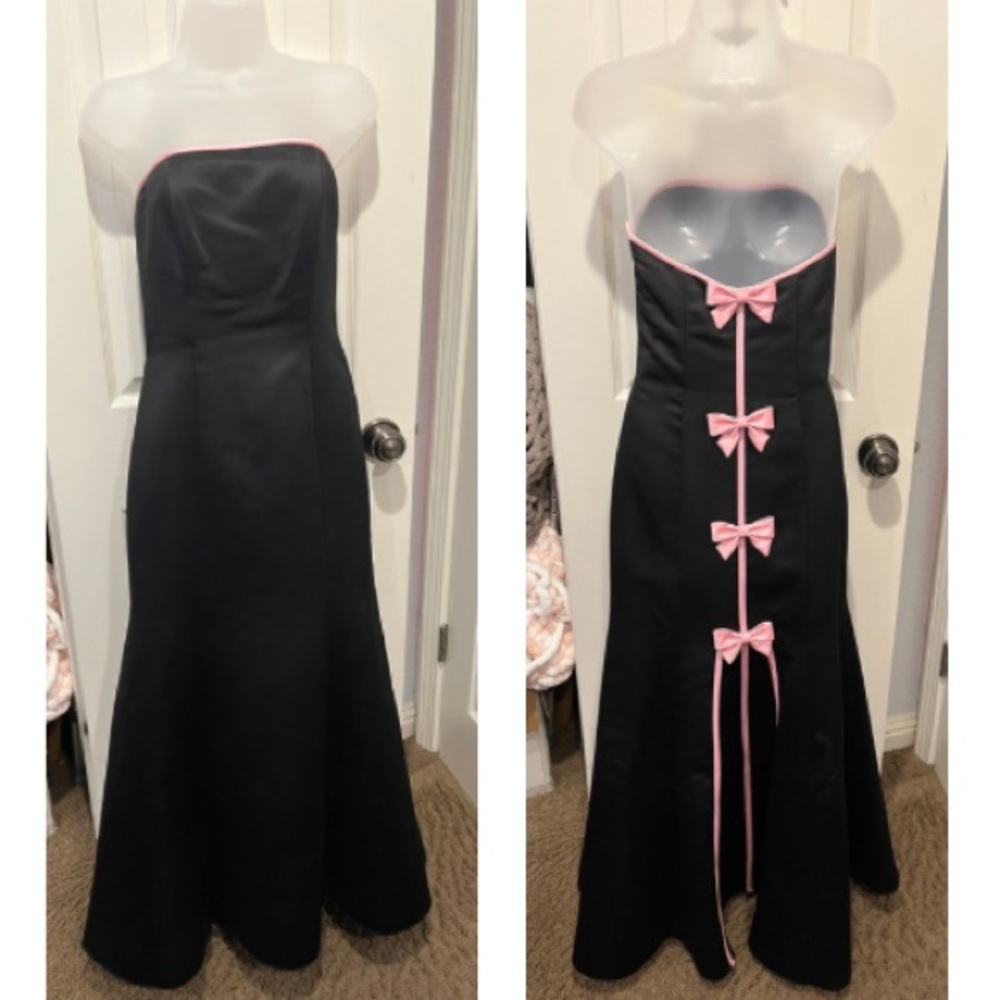 Strapless Formal Prom Black Princess Dress With Pink Bows Down The Back